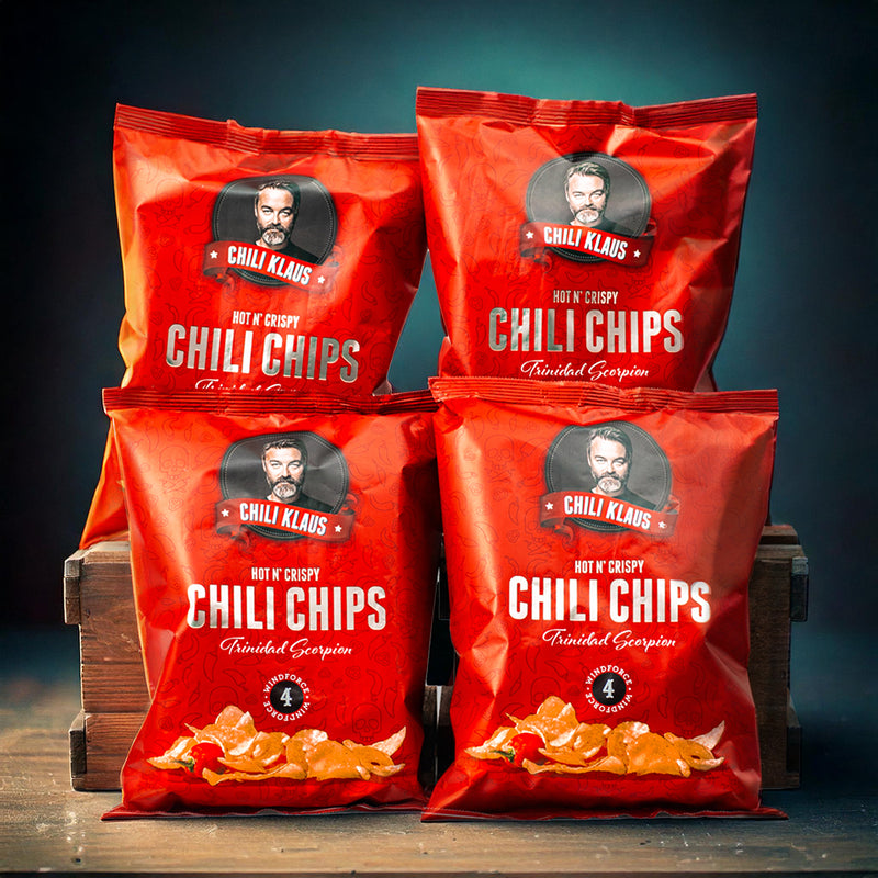 4 poser med røde Chili Klaus Chili Chips v.4